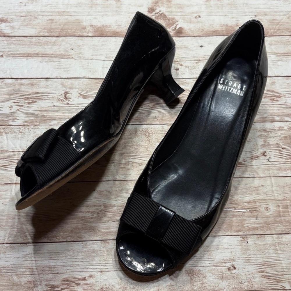 Stuart Weitzman Black Patent Leather Peep Toe Bow Pumps